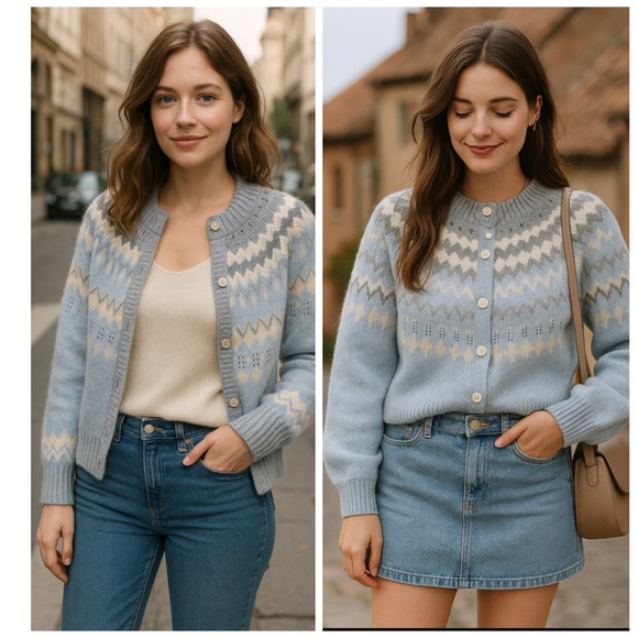 Rebecca Taylor Sweaters - La Vie Rebecca Taylor Blue Fair Isle Wool Blend Cardigan Sweater NWT XL